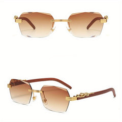 Square Rimless Sunglasses Metal Leopard Decor UV400