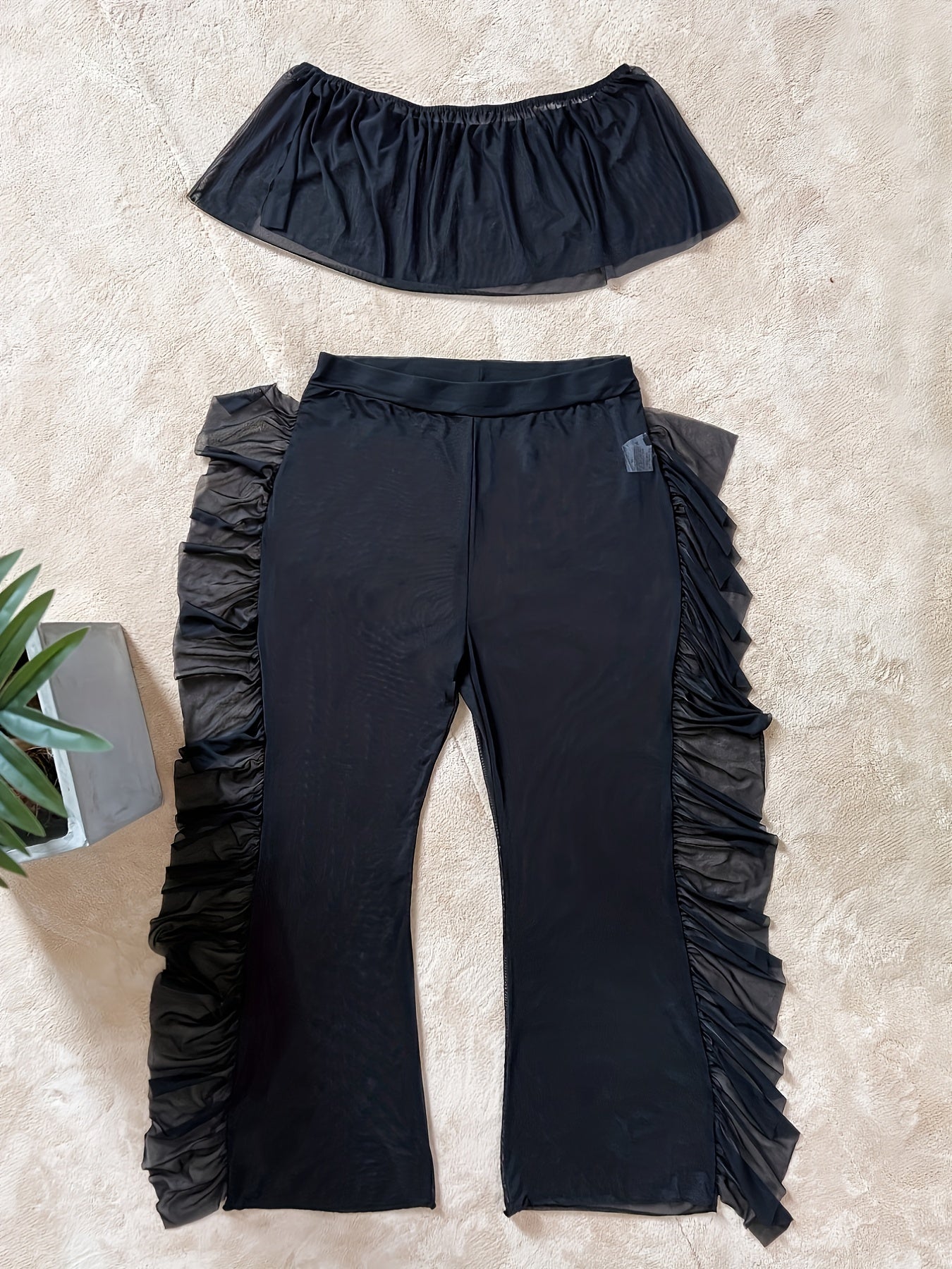 Mesh Cover Up Top & Ruffle Trim Pants Bathing Suit Set