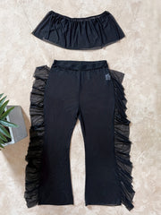 Mesh Cover Up Top & Ruffle Trim Pants Bathing Suit Set