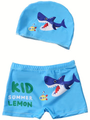 Pop Sharp Cartoon Graphic Kid's Swimwear Shorts With Hat Boy's Swimming Trunks