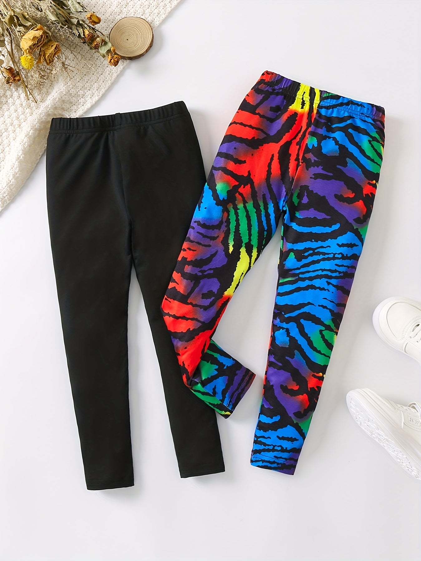 Girls Two Pack Leggings Camouflage Leopard Plaid Elastic Slim Pants