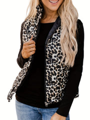 Leopard Print Zip Up Sleeveless Vest High Neck Casual Women's Clothing