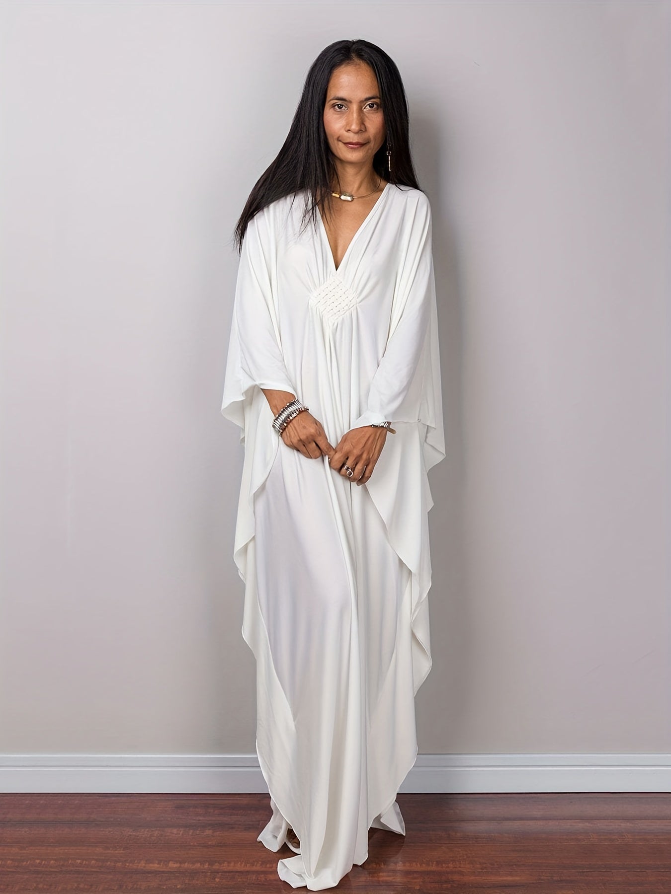 Boho Cover Up Solid Chinese Knot Bat Sleeve V Neck Maxi Dress