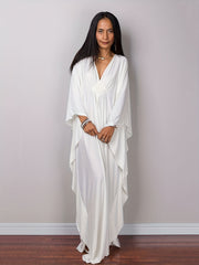 Boho Cover Up Solid Chinese Knot Bat Sleeve V Neck Maxi Dress
