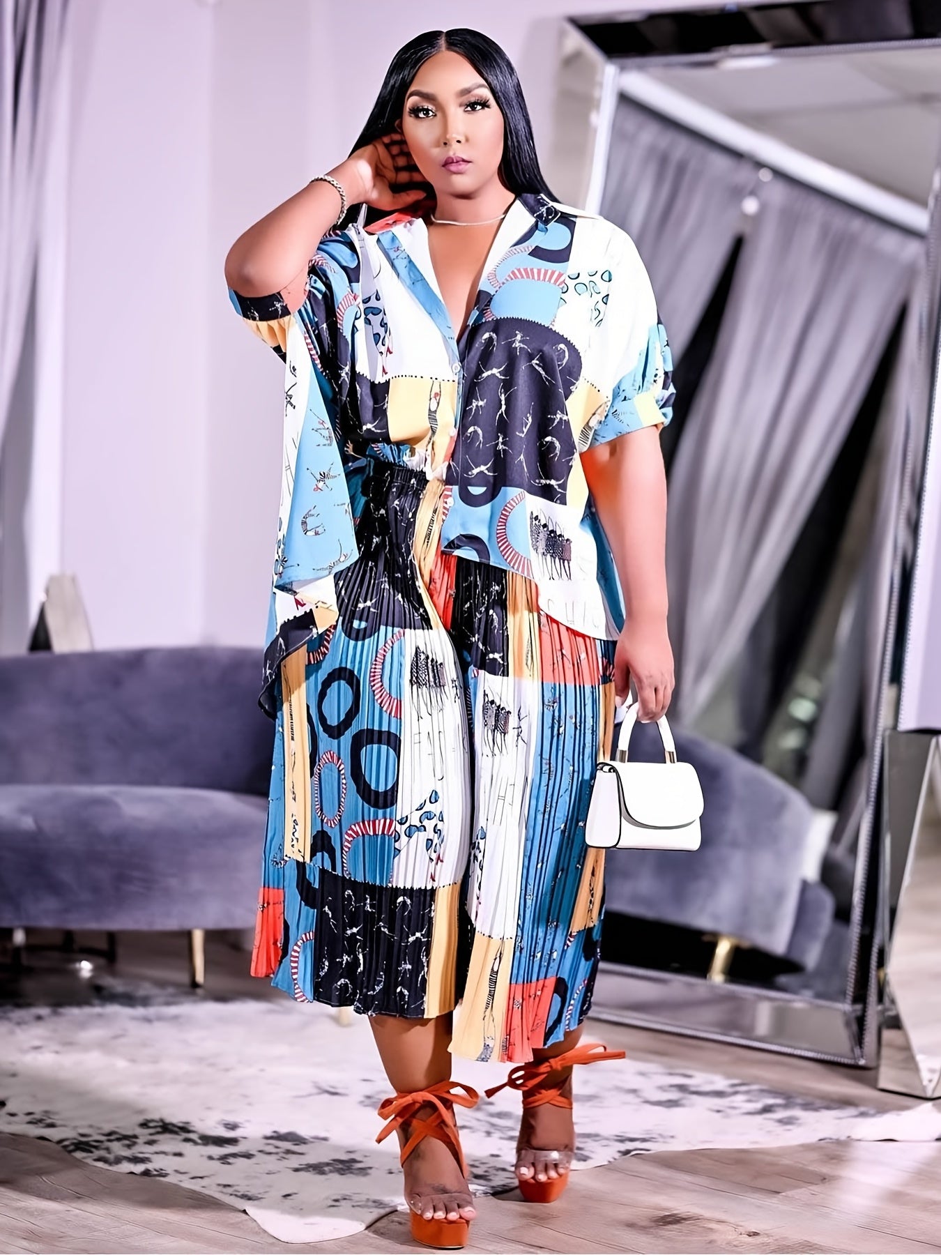 Random Print Shirt & Wide Leg Pants Set Women's Plus Street Styl