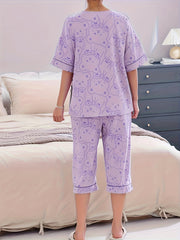 Cartoon Bear Print Pajamas Set Short Sleeve Crew Neck Top & Crop Pants