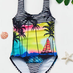 Girls Coconut Tree Stripe Swimsuit Kids Beach Bathing Suit