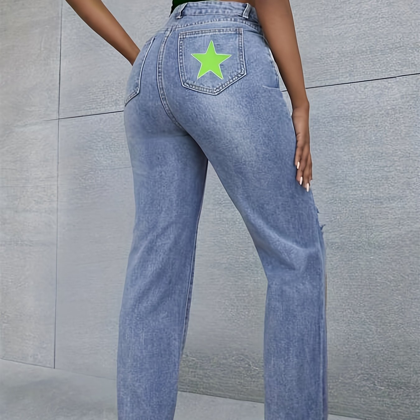 Neon Green Star Print Patch Pocket Straight Leg Jeans Ripped High Rise Washed