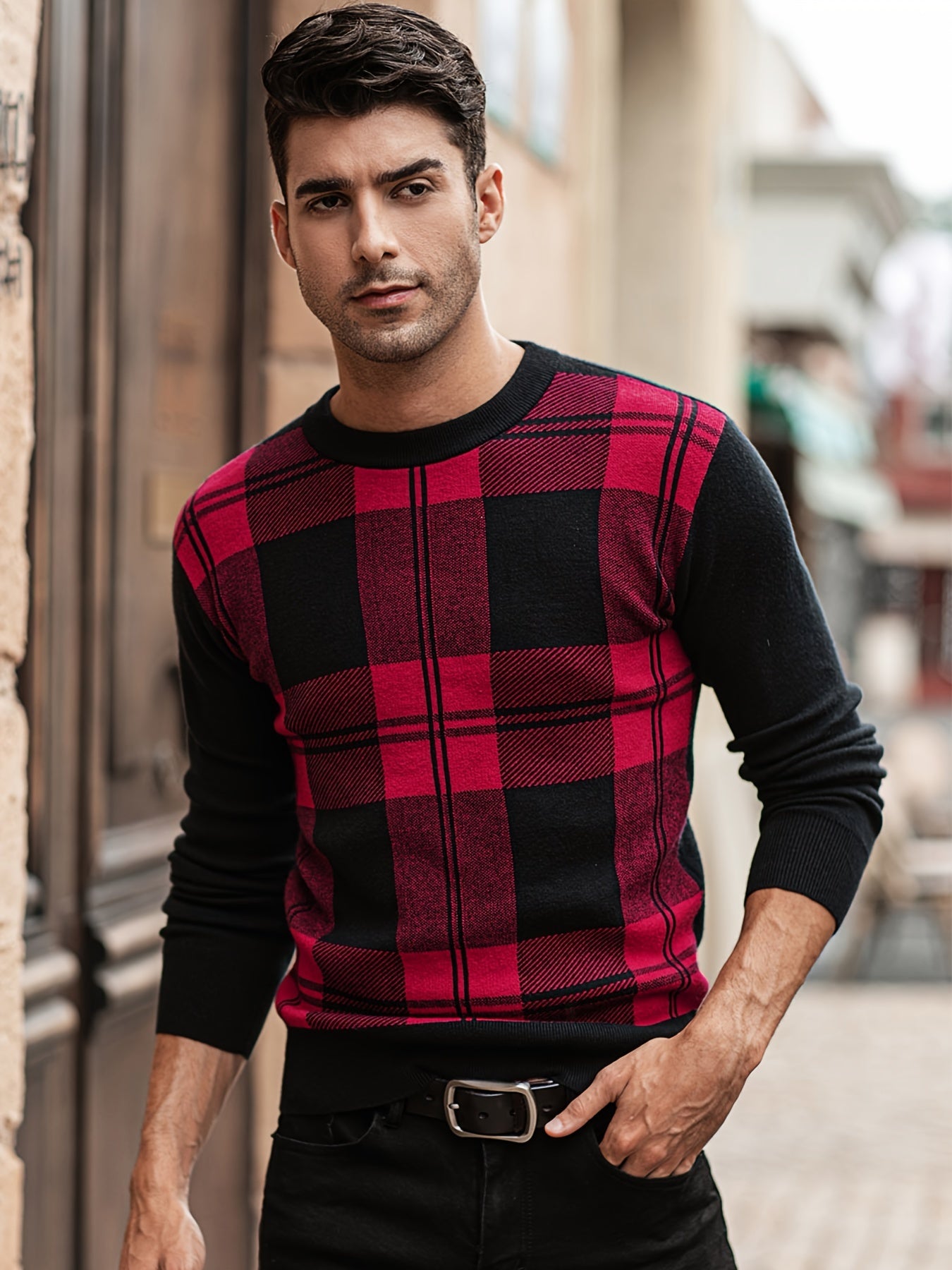 Men's Plaid Crew Neck Sweater Classic Long Sleeve Pullover