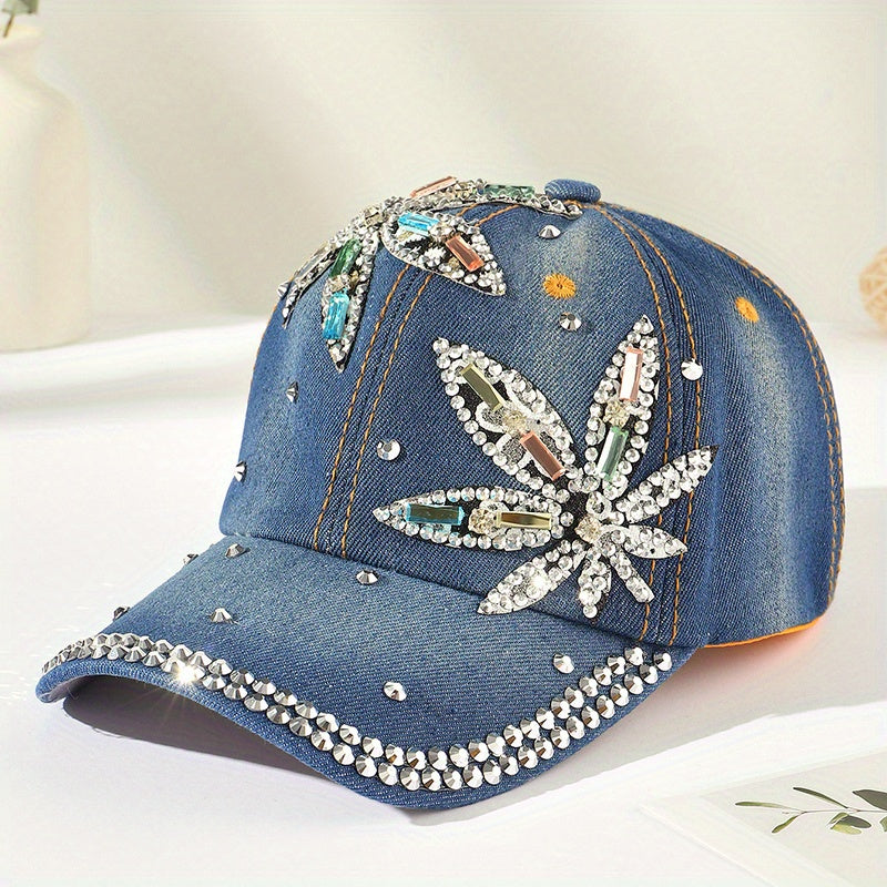 Rhinestone Leaf Patch Baseball Cap Denim Distressed Dad Hat