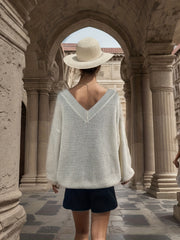 Solid Lantern Sleeve V Neck Sweater