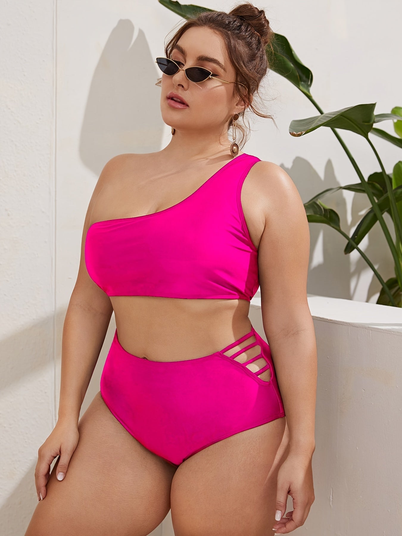 One Shoulder Cut Out Bikini Set Women's Plus Medium Stretch Solid Swim