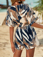 Graphic Print Romper Jumpsuit Tie Waist V neck Romper for Women