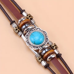 Green Turquoise Beaded Leather Bracelet Stainless Steel Buckle