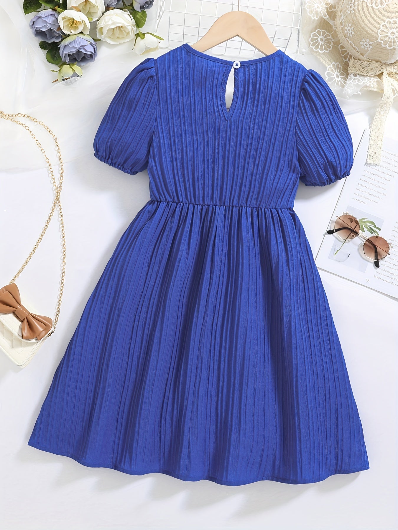 Kids Puffed Sleeve Square Neck Dress With Bow - Summer Princess