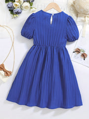 Kids Puffed Sleeve Square Neck Dress With Bow - Summer Princess