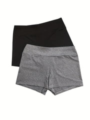 2 Pack Plus Size Sports Shorts Set Women's Plus Solid Medium Stretch Biker