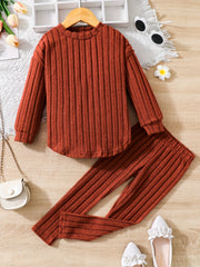 Girl's Ribbed Top & Leggings Set Soft Casual Outfits