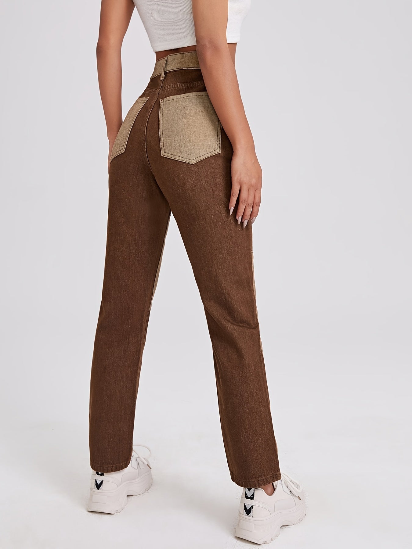 Colorblock High Waist Straight Jeans High Rise Loose Fit Denim Pan