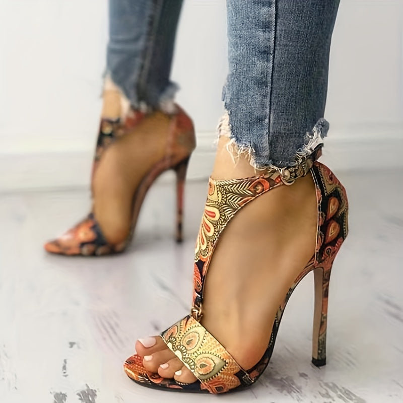 Floral Print Stiletto Heels Buckle Strap Summer Pumps