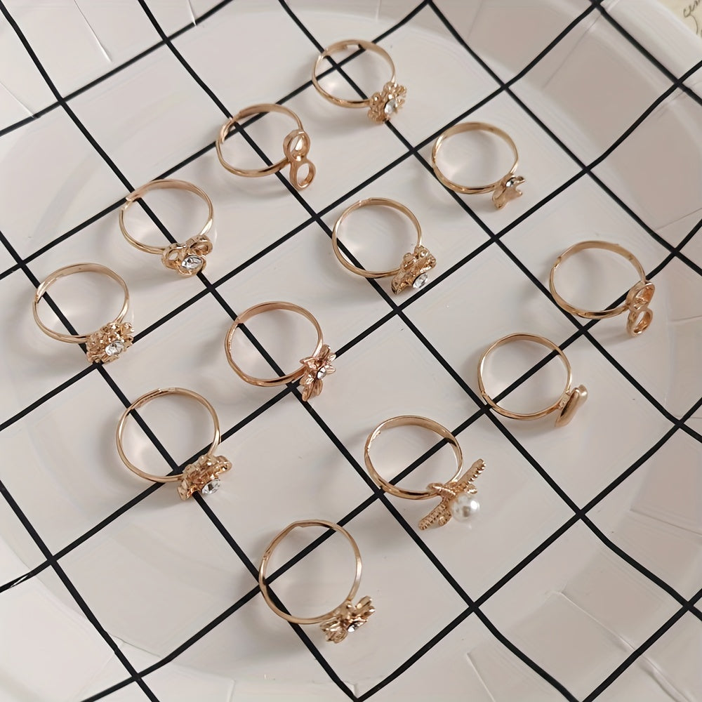 5pcs Kids Bow Heart Adjustable Alloy Golden Hollow Out Ring