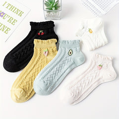 5 Pairs Fruit Print Ruffle Socks for Women