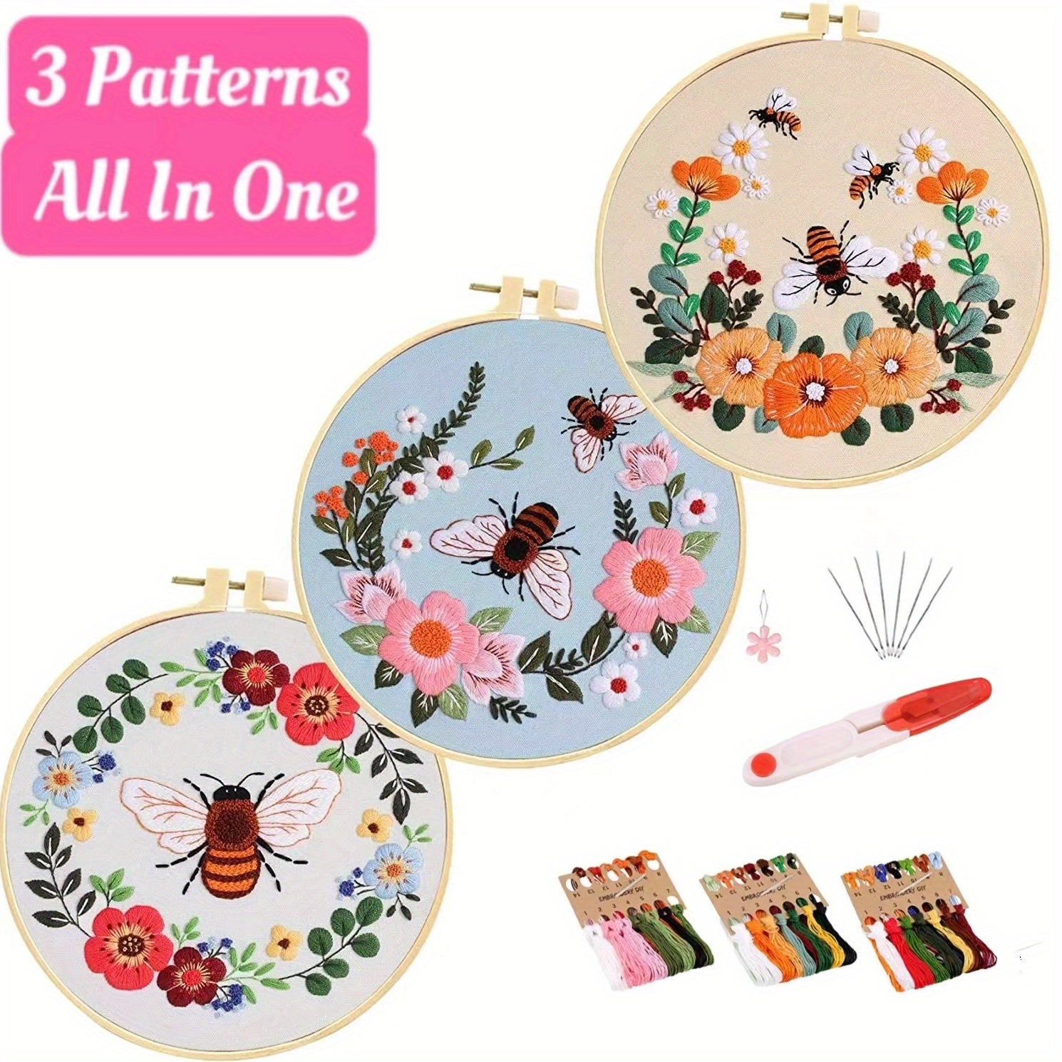 3 Pack Starter Embroidery Kits with Honeybee Flower Patterns