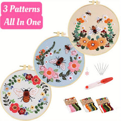 3 Pack Starter Embroidery Kits with Honeybee Flower Patterns