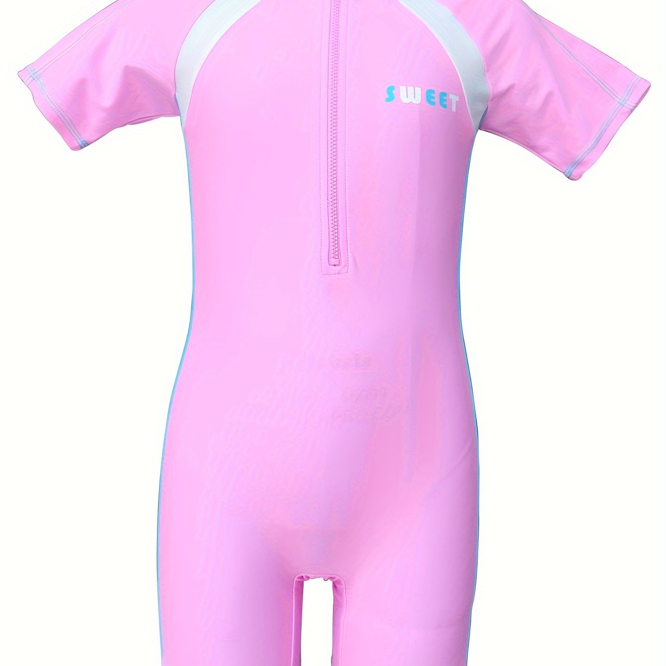 Girls Splicing Zip Short Sleeve 1 piece Swimwear With Swim Cap