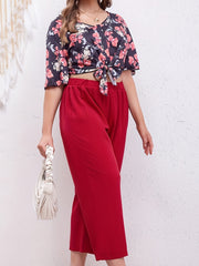 Floral Print Butterfly Sleeve V Neck Crop Top & Wide Leg Pants Two Piece Set