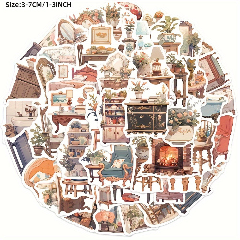 50pcs Retro Furniture Series Graffiti Stickers for DIY, Guitar, Skateboard