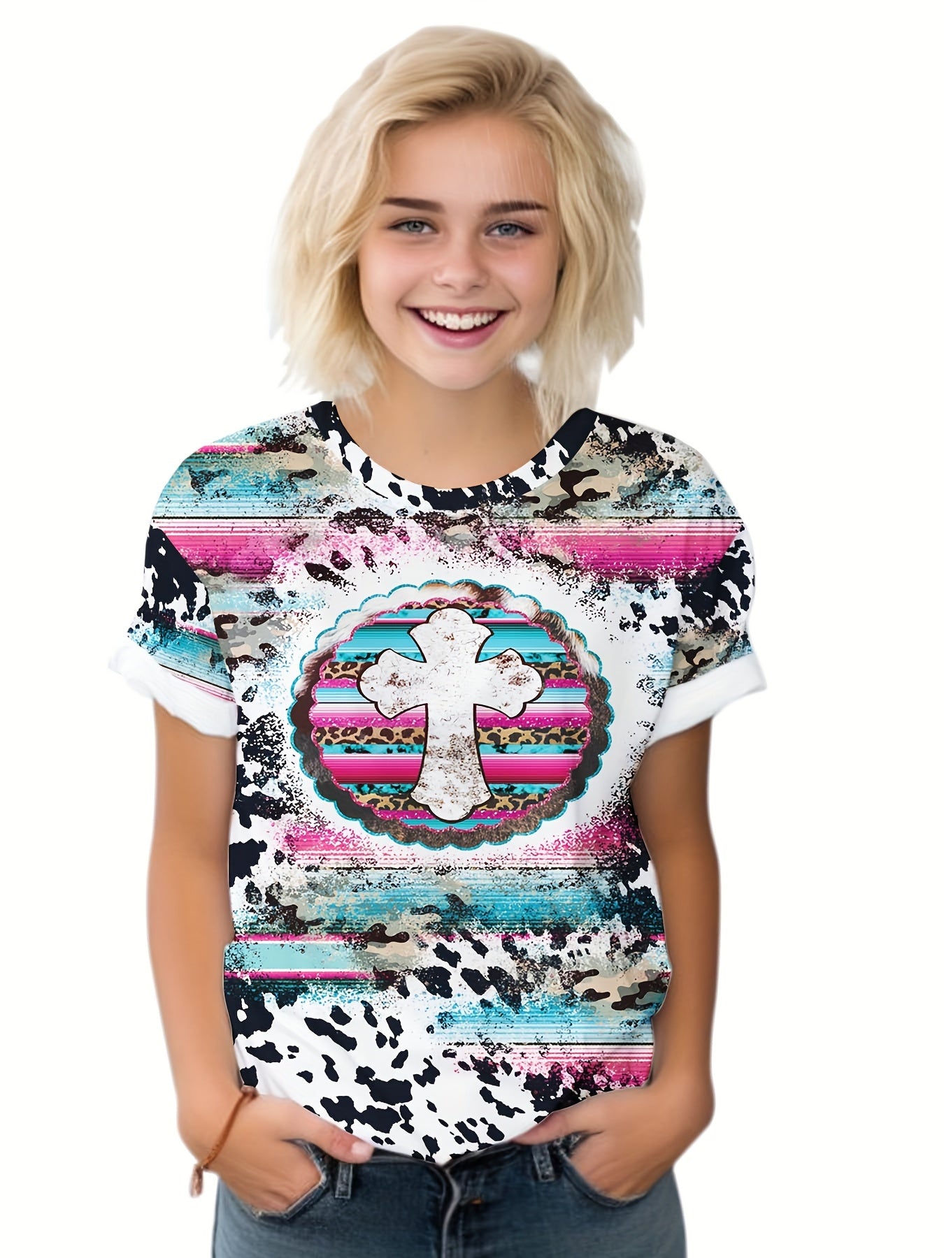 Western Style Cross Graphic Short Sleeve T shirt for Kids