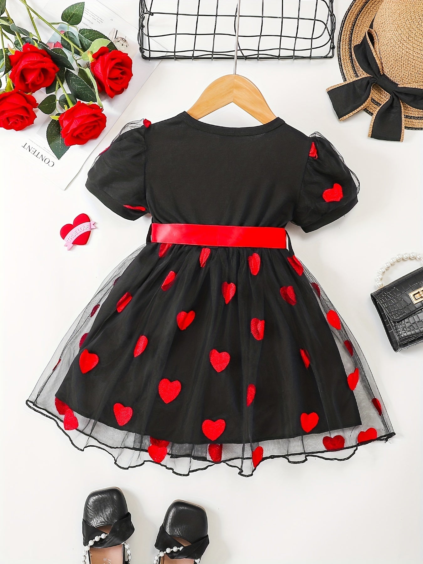 Toddler Girls Heart Graphic Belted Tulle Princess Dress For Party