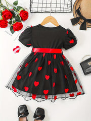 Toddler Girls Heart Graphic Belted Tulle Princess Dress For Party