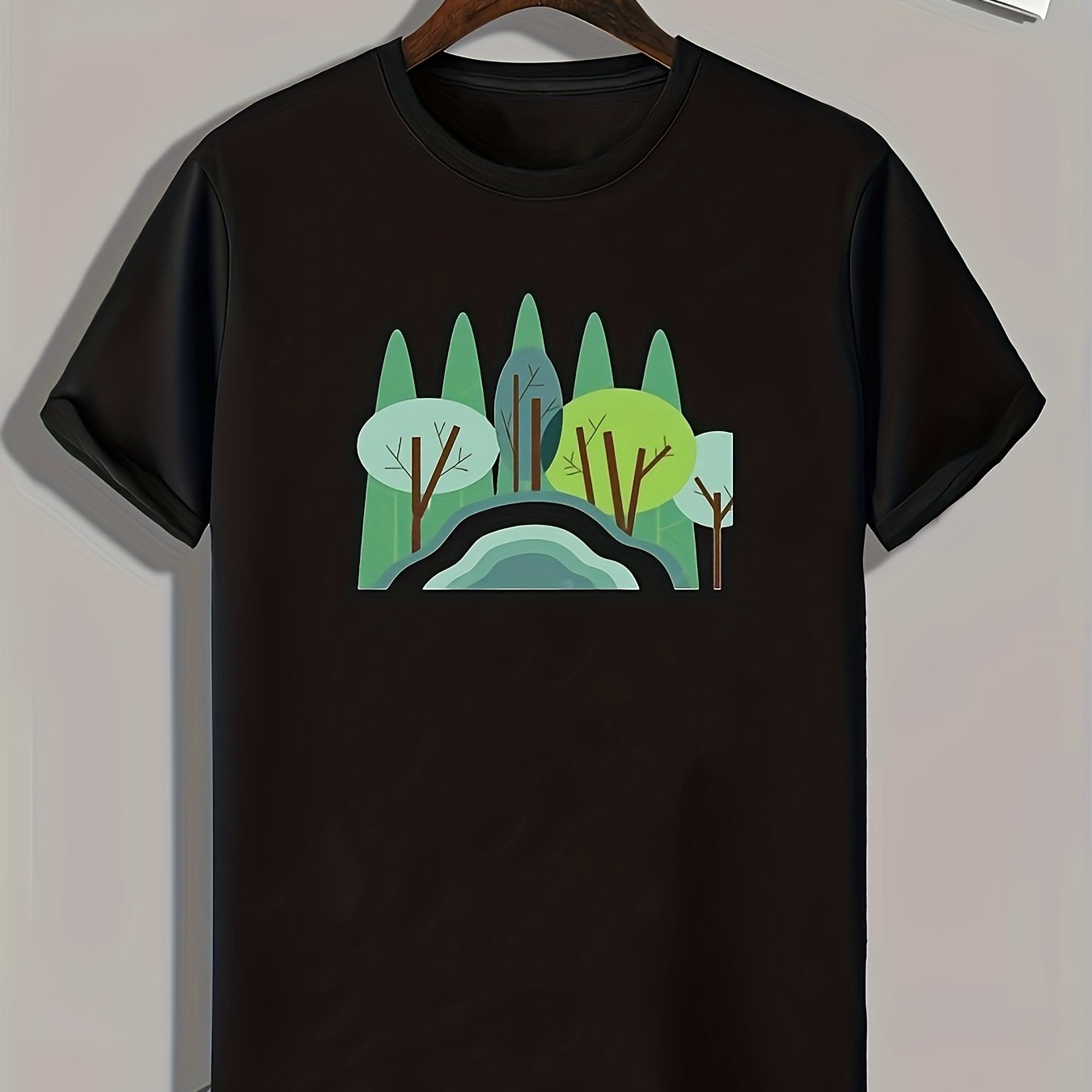 Cartoon Style Forest Pattern Print Men's Sports T-shirt