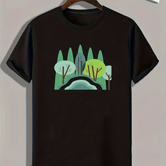 Cartoon Style Forest Pattern Print Men's Sports T-shirt