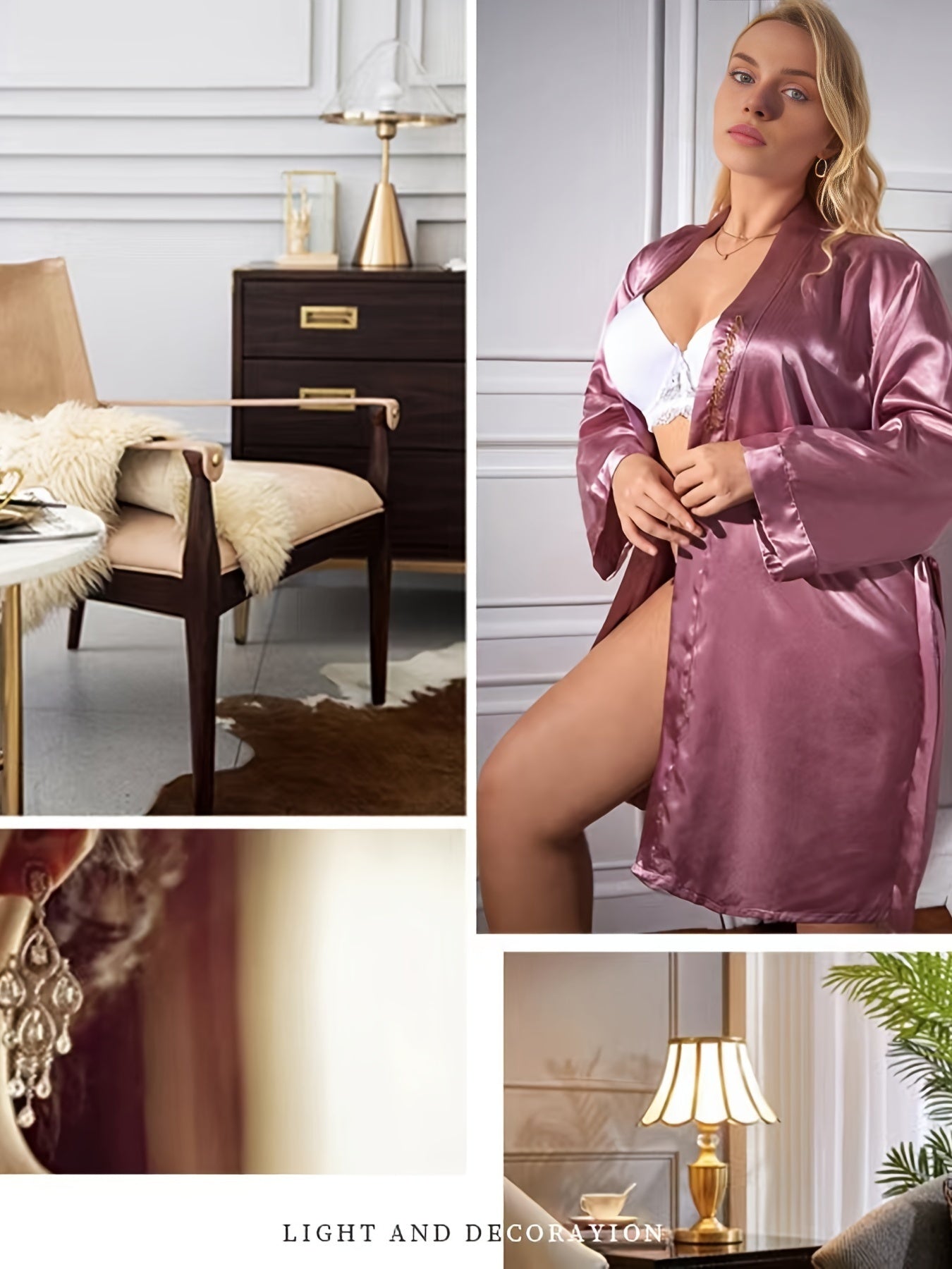 Satin Long Sleeve Nightgown Women's Plus Deep V Neck