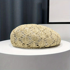 Crochet Hollow Beret Cap Breathable Straw Beanie Women Painter Hat
