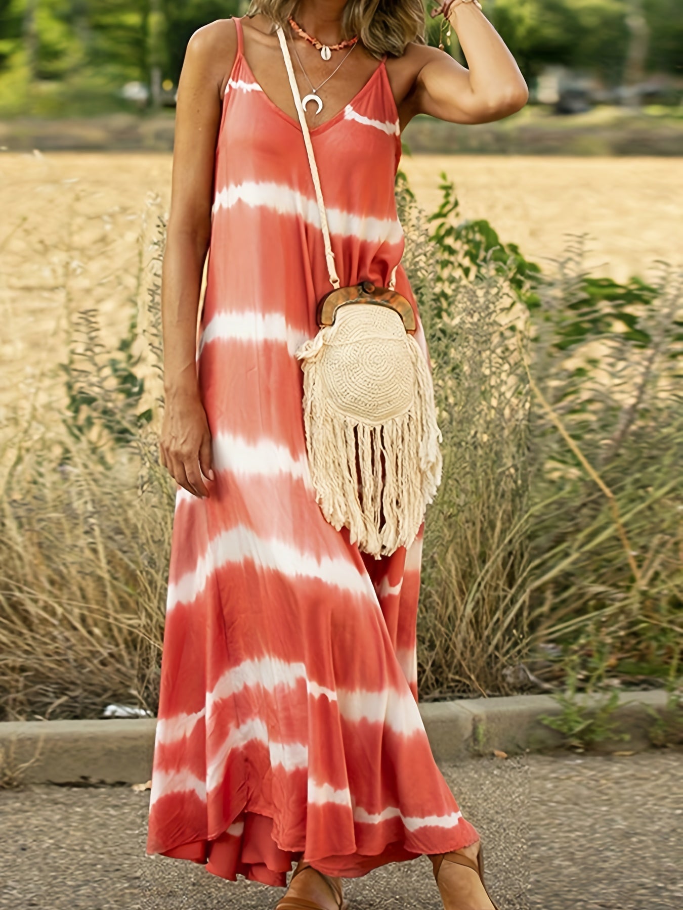 Colorblock Tie Dye V Neck Maxi Cami Dress