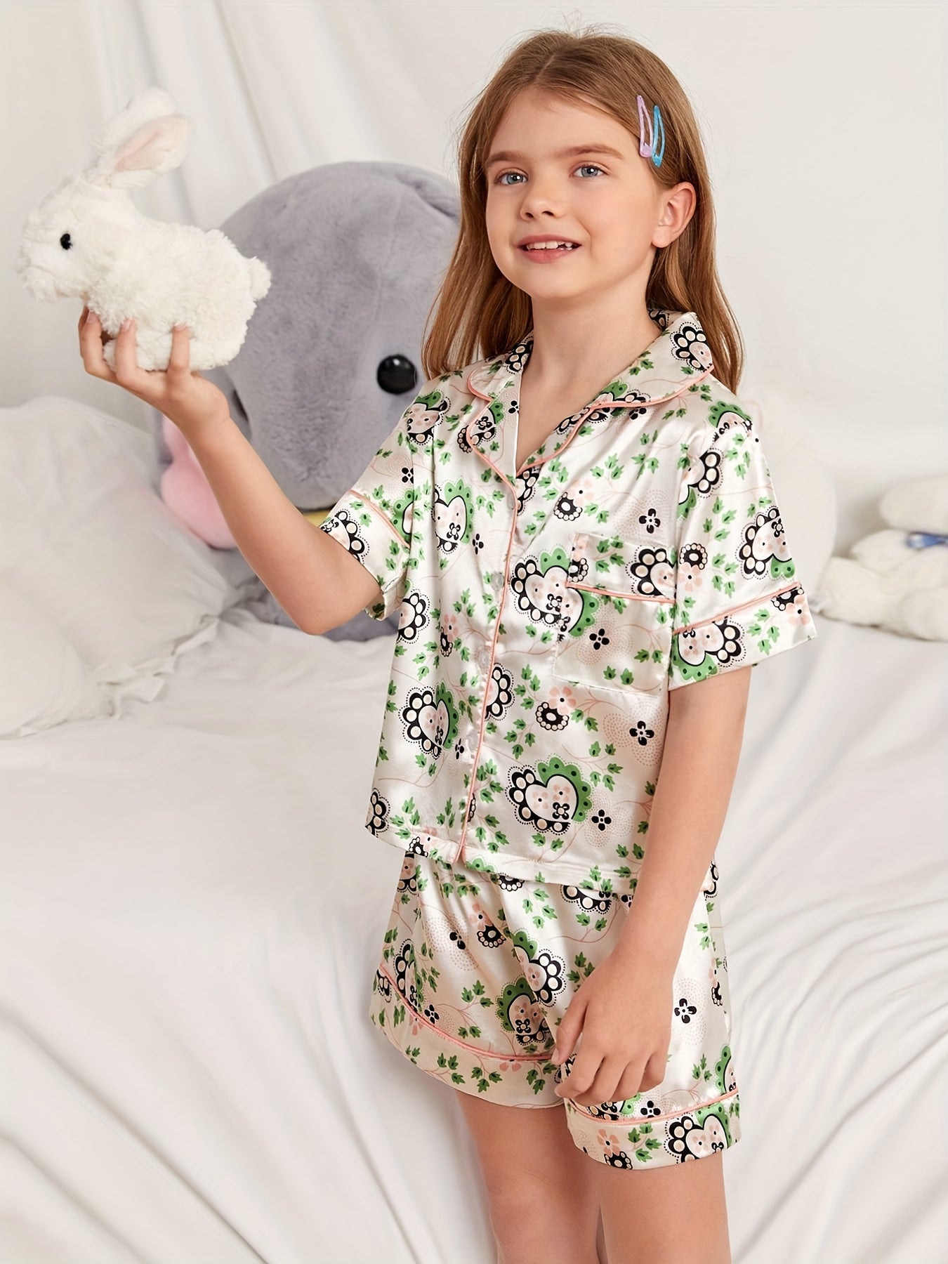 Girls Pajamas Set Flowers Graphic Short Sleeve Top & Shorts Sleepwear