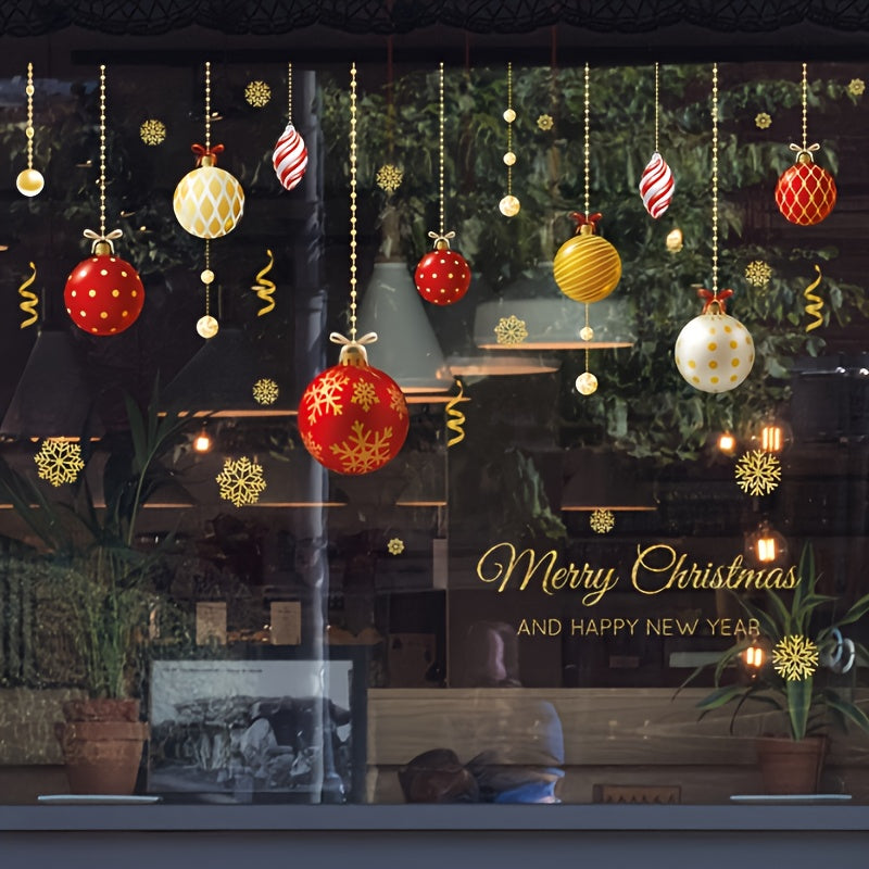 Christmas Wall Stickers for Shop Windows - Golden Pendants & Colorful Balls