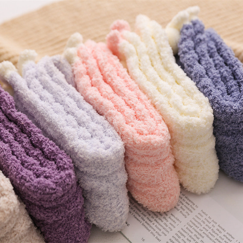 Cozy PomPom Crew Socks Coral Fleece Women's Stockings