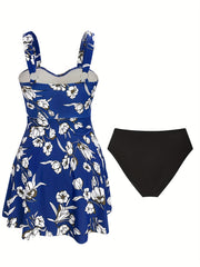 Tankini Set Women's Floral Print V Neck Dress & Panty Swimsuit