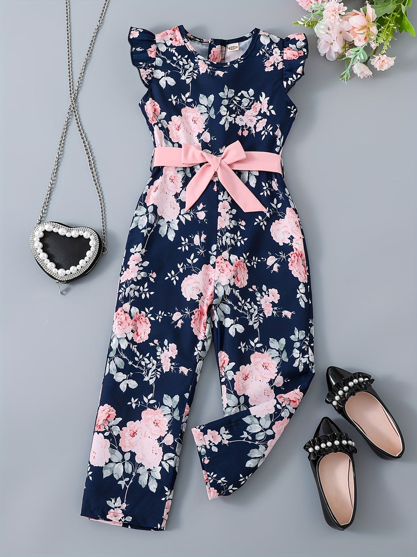 Toddler Girls Flowers Flutter Sleeve Rompers Wide Leg Jumpsuits