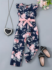 Toddler Girls Flowers Flutter Sleeve Rompers Wide Leg Jumpsuits