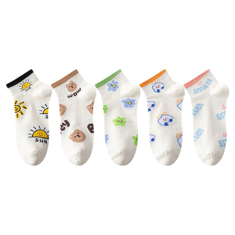 5 Pairs Cartoon Print Short Socks Low Cut Ankle Socks Women's Stockings