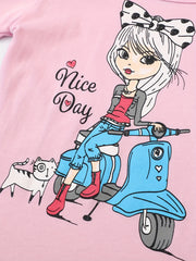 Girls Biker Girl Print Long Sleeve Top & Heart Print Trousers Cotton Pajamas Set