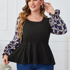 Plaid Print Long Sleeve Square Neck Top Women's Plus Size