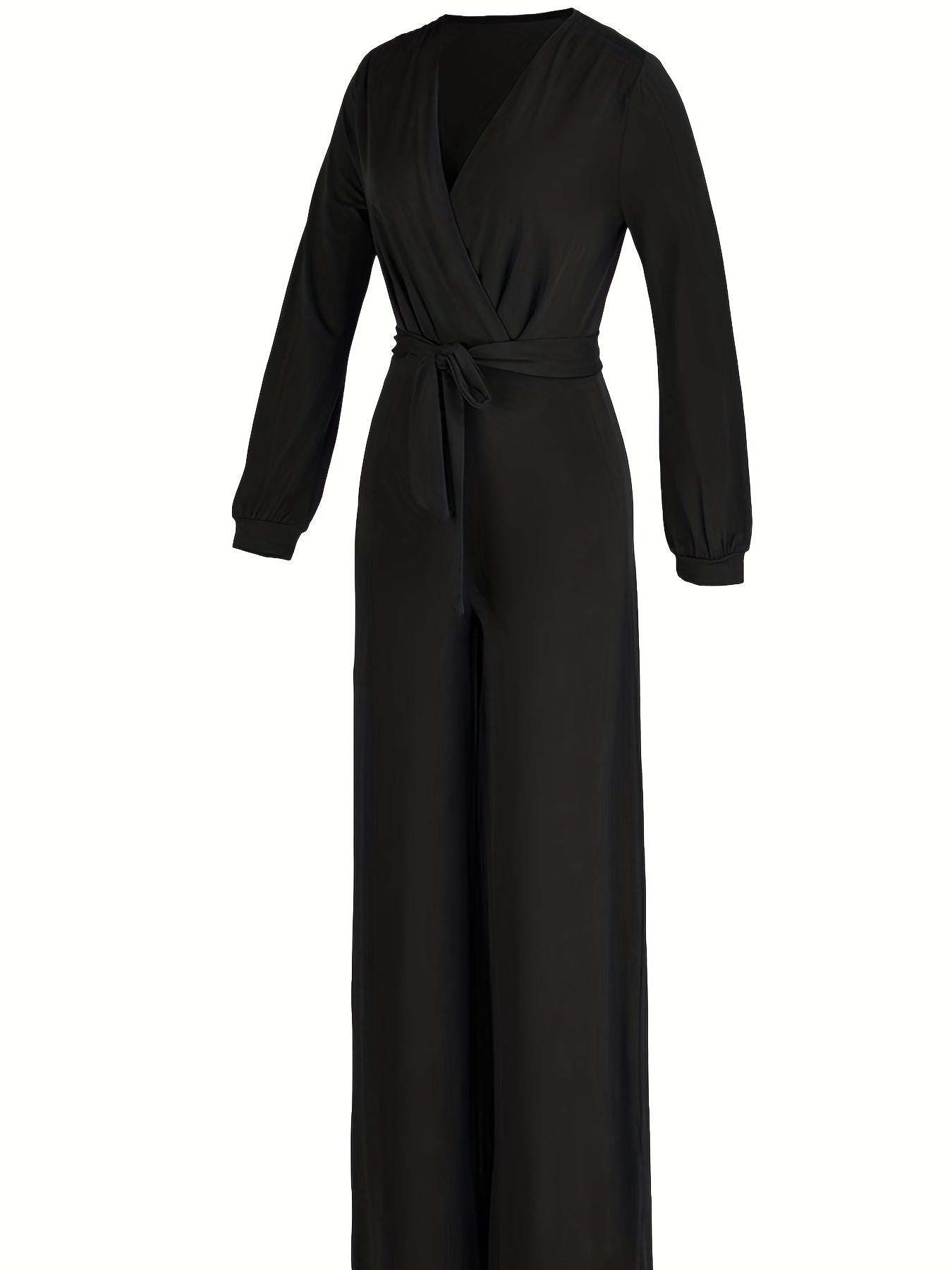 Surplice Neck Belted Wide Leg Jumpsuit Long Sleeve Jumpsuit