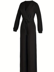 Surplice Neck Belted Wide Leg Jumpsuit Long Sleeve Jumpsuit